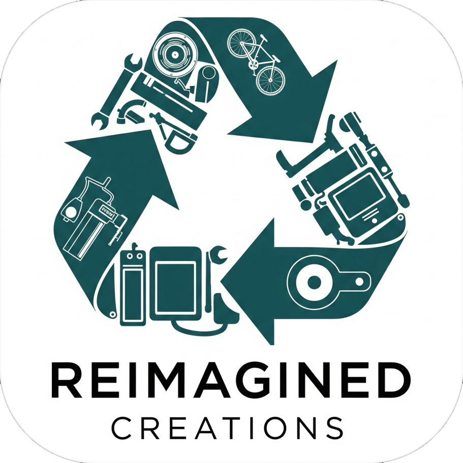 Reimagined Creations Logo - a green recycle pattern logo containing all types of gadgets and text below.