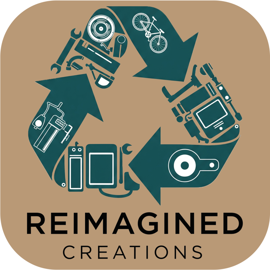 Reimagined Creations Logo - a green recycle pattern logo containing all types of gadgets and text below.