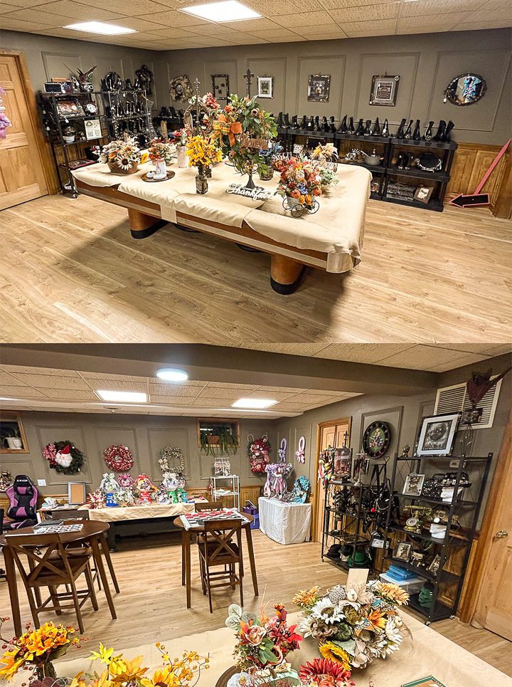 A completed, decorated fairy garden in a three sided pot.